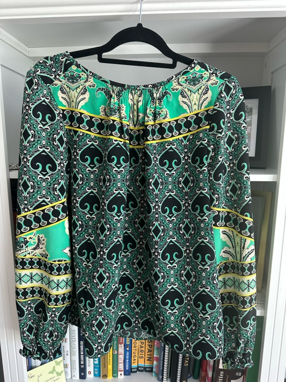 LOFT Women’s Green Patterned Long-Sleeve Blouse